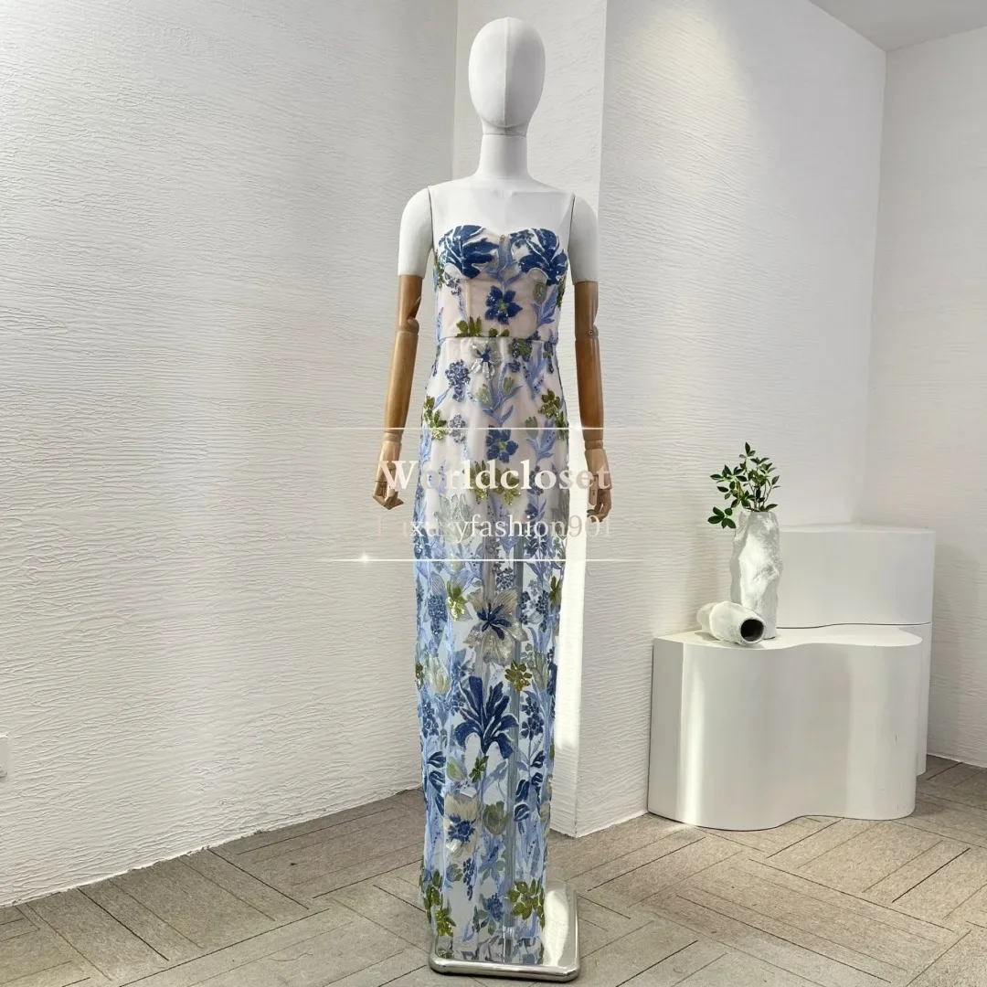 

High Quality Blue Sequins Flowers Sleeveless Tube Maxi Dress