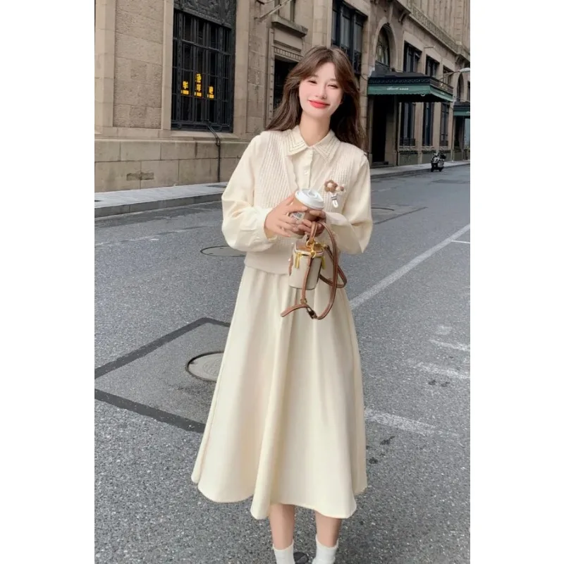 Costume à col Polo blanc cassé pour femmes, nouveau Style collégial, robe gilet tricotée, ensemble deux pièces, printemps et automne