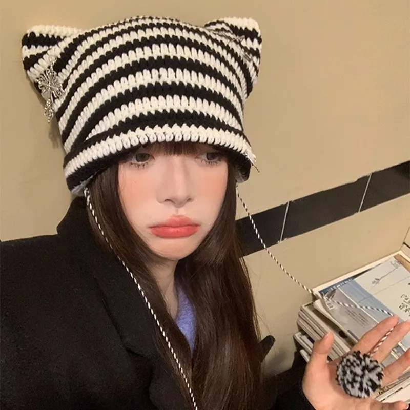 Creative Punk Asian Style Striped Wool Women Hat Korean Fasionable Tassel Ball Cute Cat Ear Knitted Cap Versatile Trendy Beanie