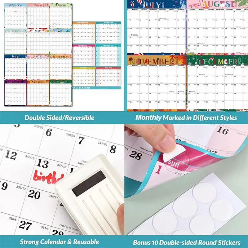 2025 Yearly Wall Calendar January 2025-December 2025 Monthly Calendar 2-Sided Erasable Calendar For Holidays To-do List ＆