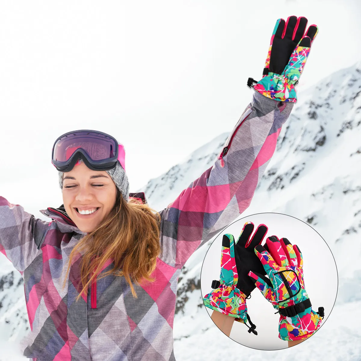 

Женские лыжные перчатки, водонепроницаемые, теплые, розовые, для активного отдыха, с регулируемой застежкой, карманом на молнии, зимние, для защиты от холода