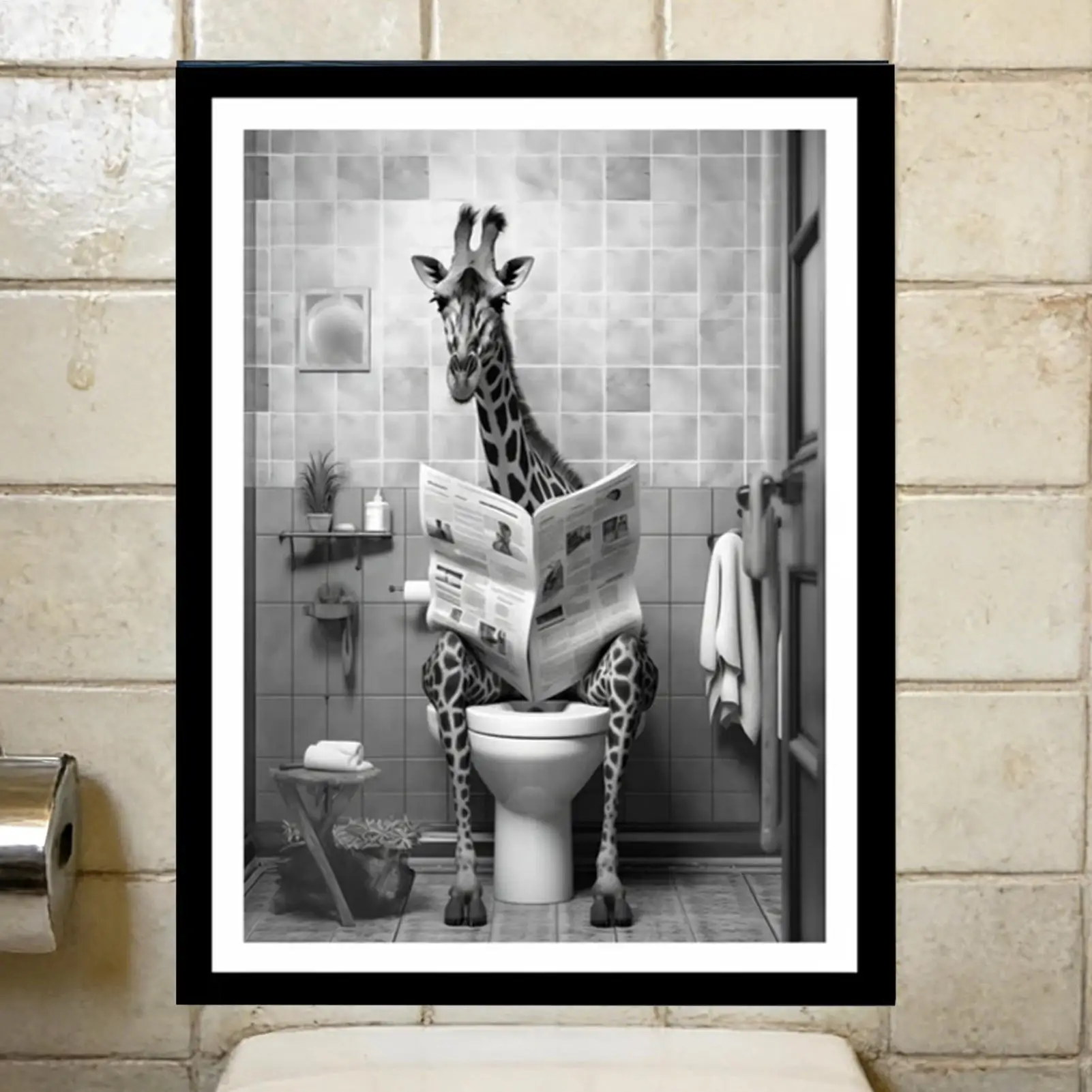 Funny Giraffe Bathroom Canvas Wall Art Black White Animal Reading Newspaper Toilet Humor Poster for Home Restroom Hotel Decor