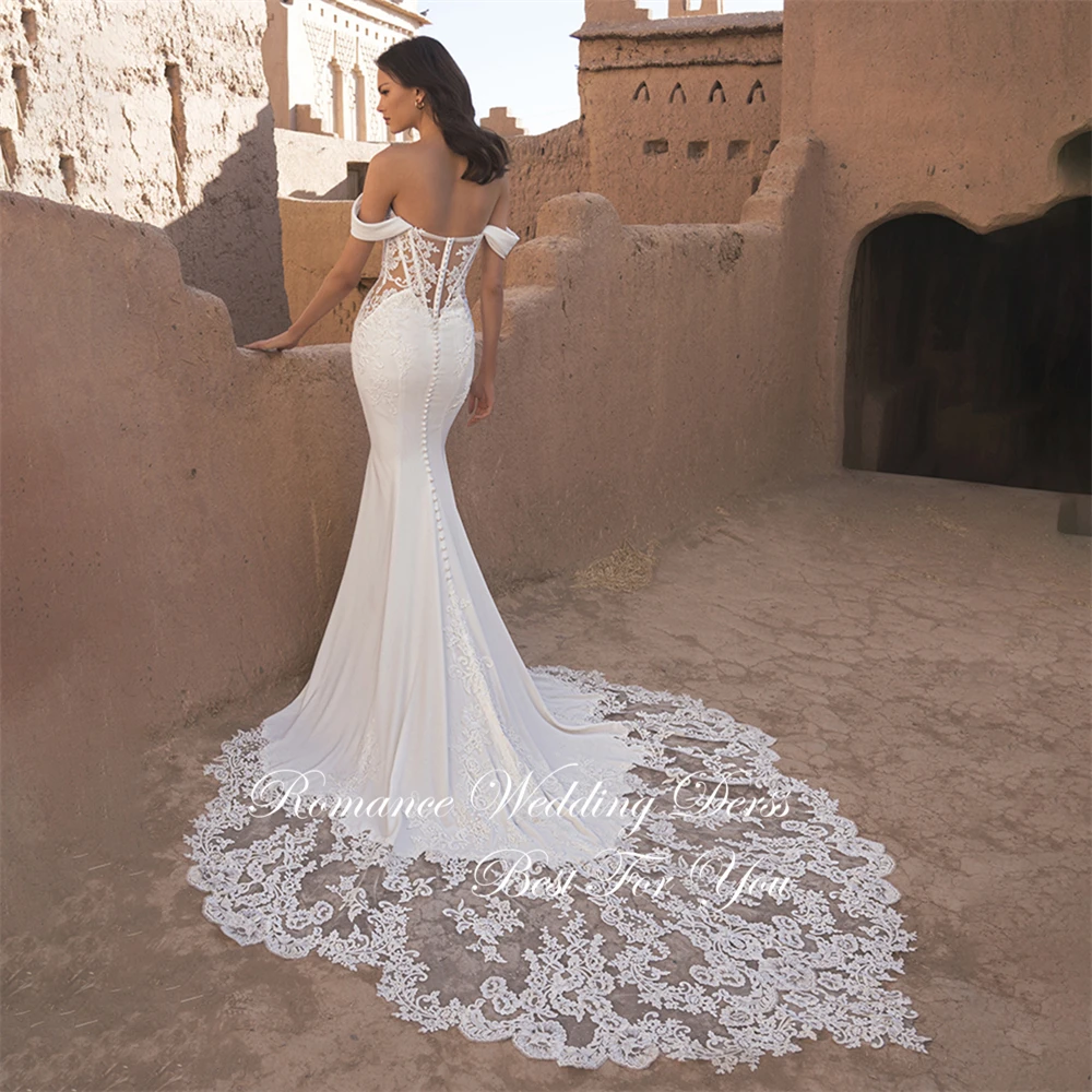 

Sexy Lace V-Neck Mermaid Wedding Dresses Appliques Off The Shoulder Open Back Buttons Bridal Gown Vestidos De Novia Customized