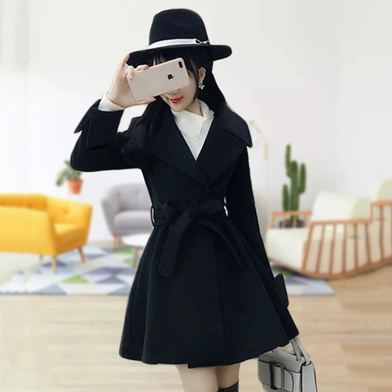 

Black Woolen Coat Women's Autumn Winter Mid-Length Thick Warm Top Korean Students Jacket 2022New Lady Clothing Chic Wool Outwear