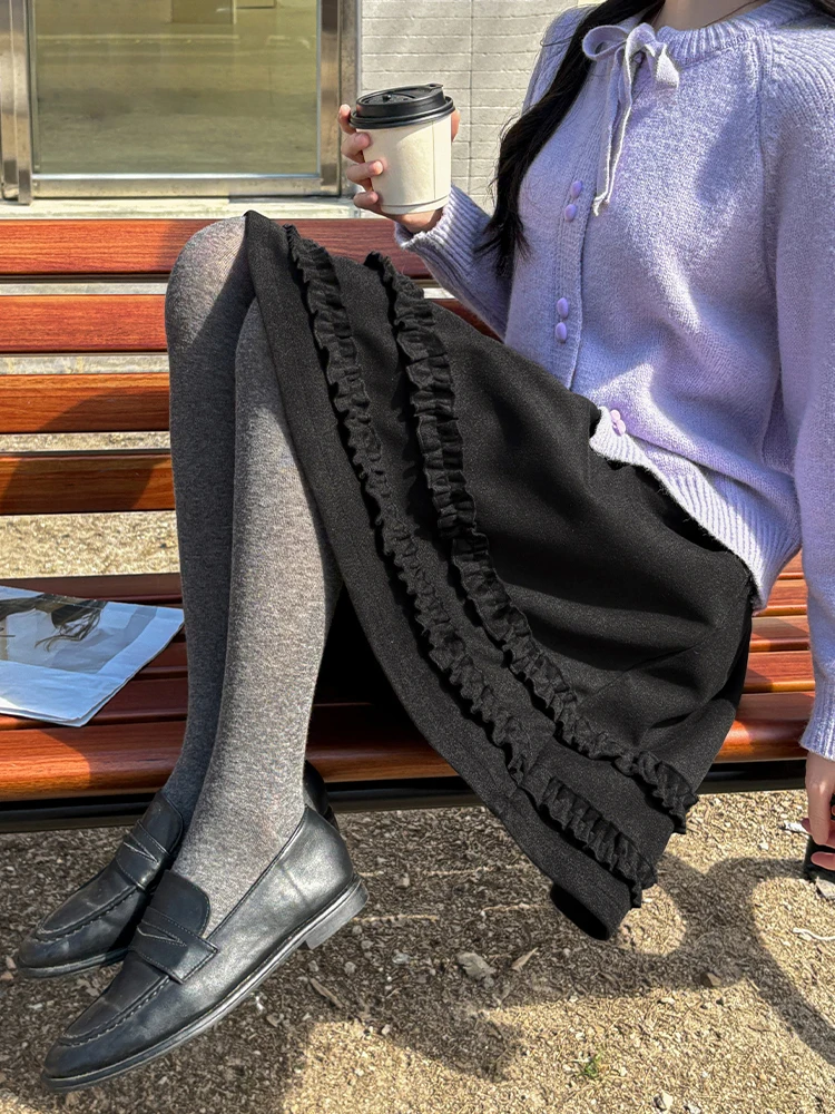 Jupe en laine longueur genou pour femmes, taille haute décontractée, demi-Capris, jupe trapèze avec bord champignon, automne et hiver