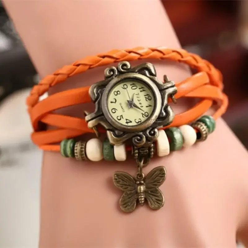 Vintage Fashion Creative Gifts Cow Leather Watch Women Ladies Fashion Butterfly Beads Dress Quartz Wristwatch Accessories Decor