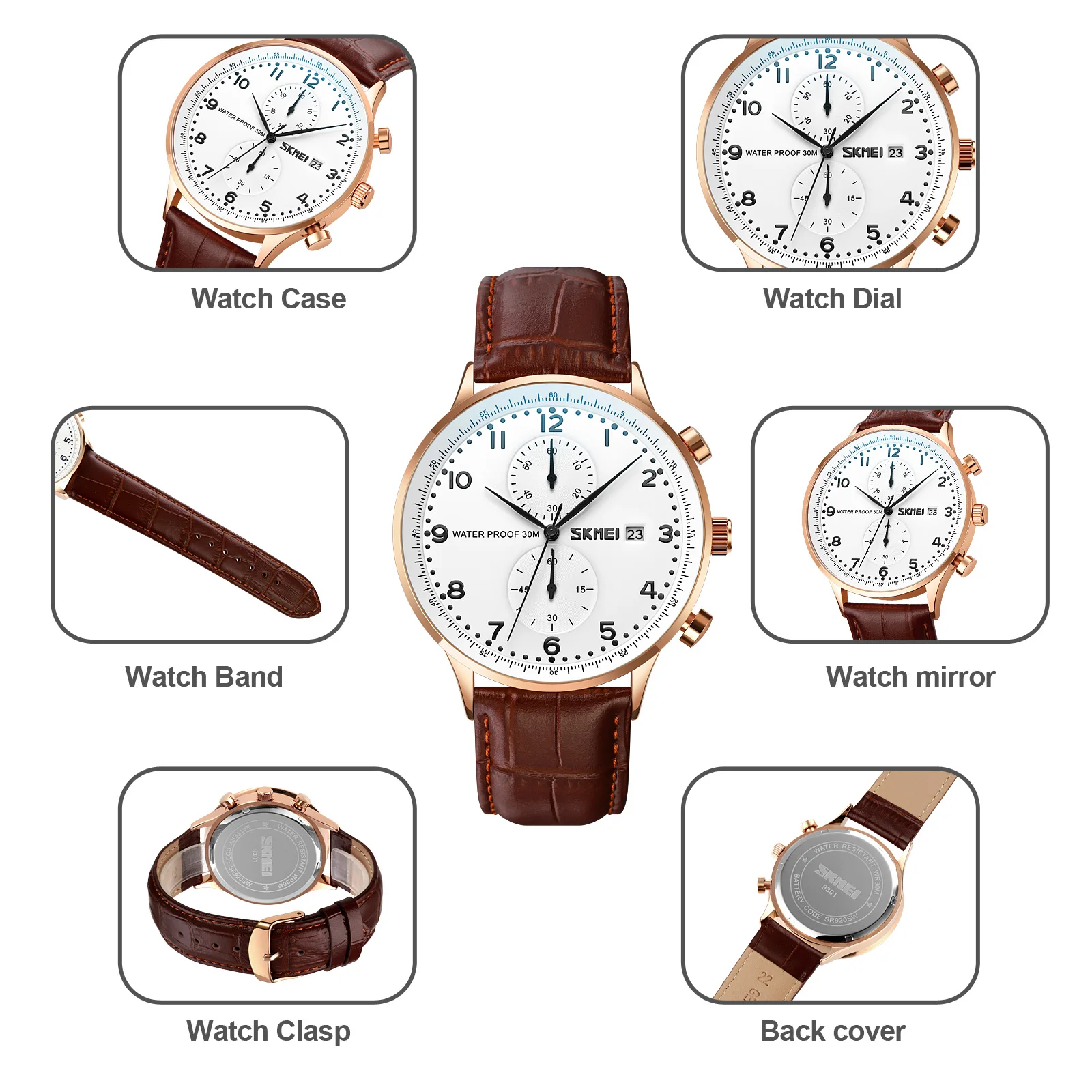 SKMEI 9301 Mens Top Brand Luxury Genuine Leather Strap Waterproof Date Wristwatch Clock reloj hombre Stopwatch Quartz Watches