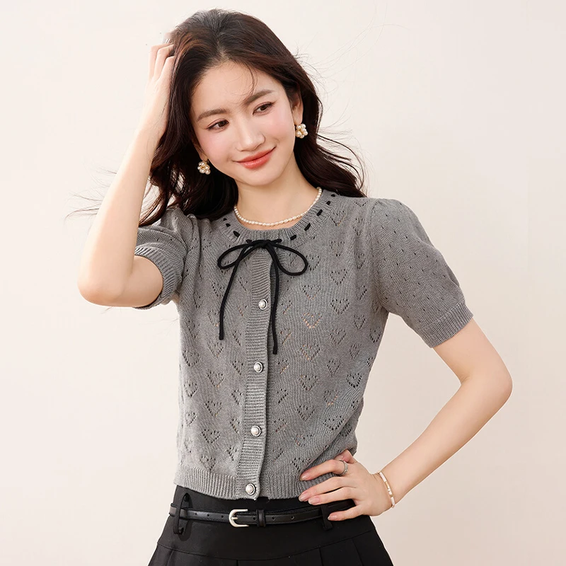 

Women Heart Cutout Single-breasted Cardigan Summer Thin Sweet Holiday Casual Tops