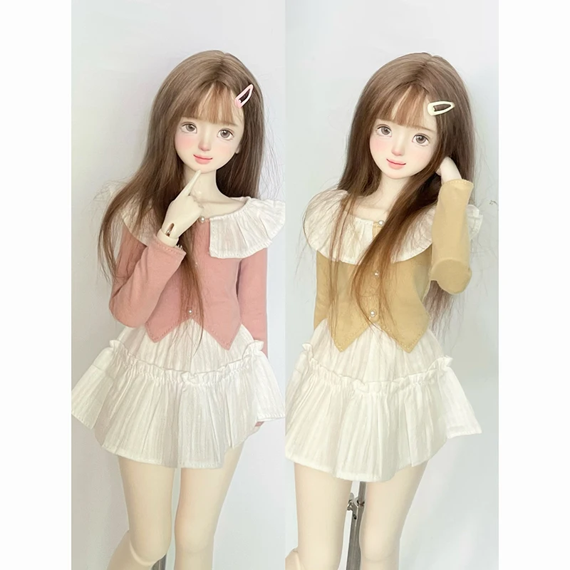 New (1/4 BJD Doll Clothes) Flounce Collar Tops Slit T-shirt White Pleated Mini Skirt Suit for 1/4 SD MSD Dolls Accessories