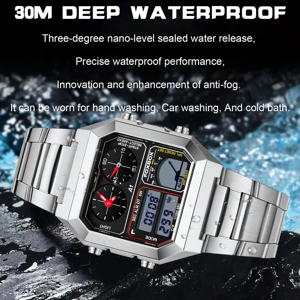 FOXBOX Square Mens Digital Watches Stainless Steel Chrono Sport Watches Waterproof Alarm Clock LED Wristwatch Reloj Hombre+Box