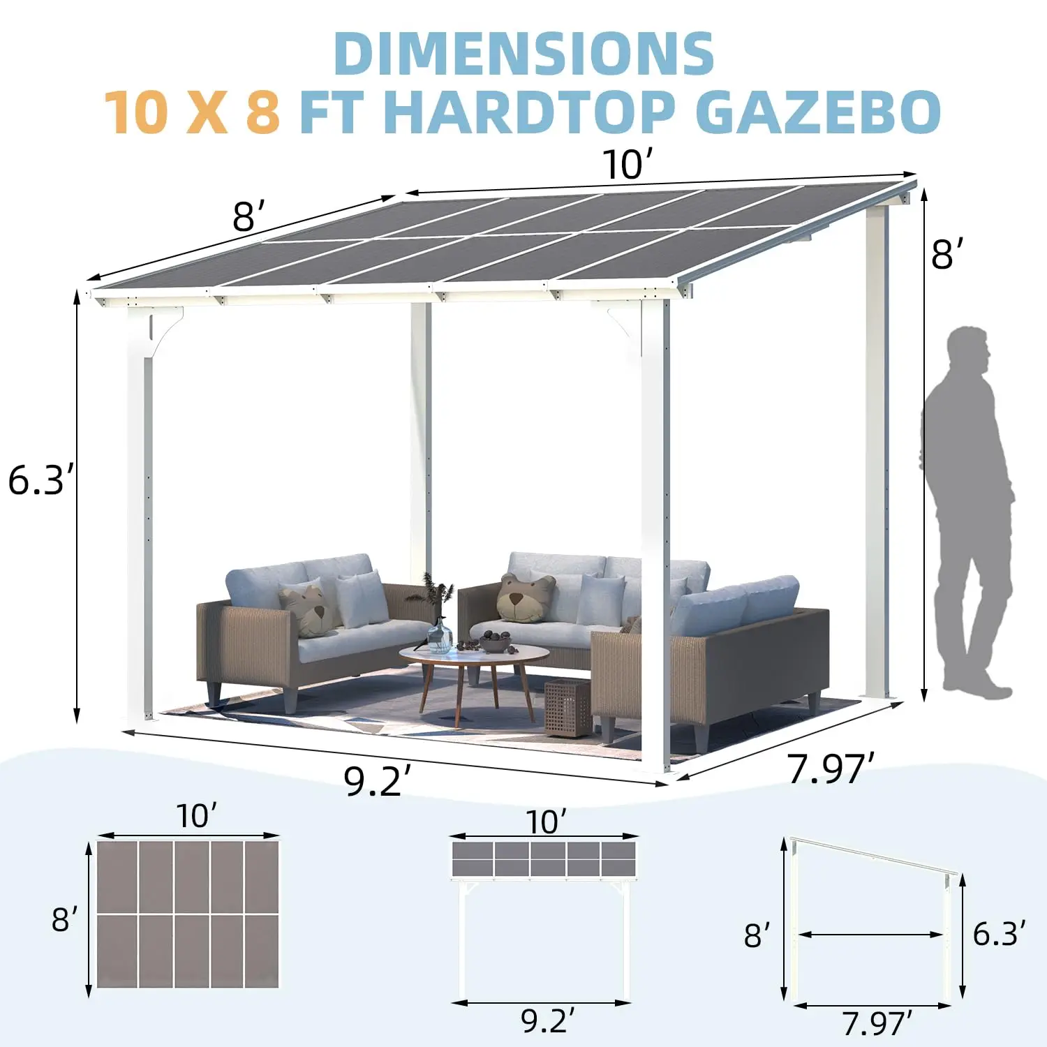 10'x8' Wall Mounted Pergola Gazebo Metal Awning Outdoor Patio Lean to Shelter for Deck Porch Backyard, Customized