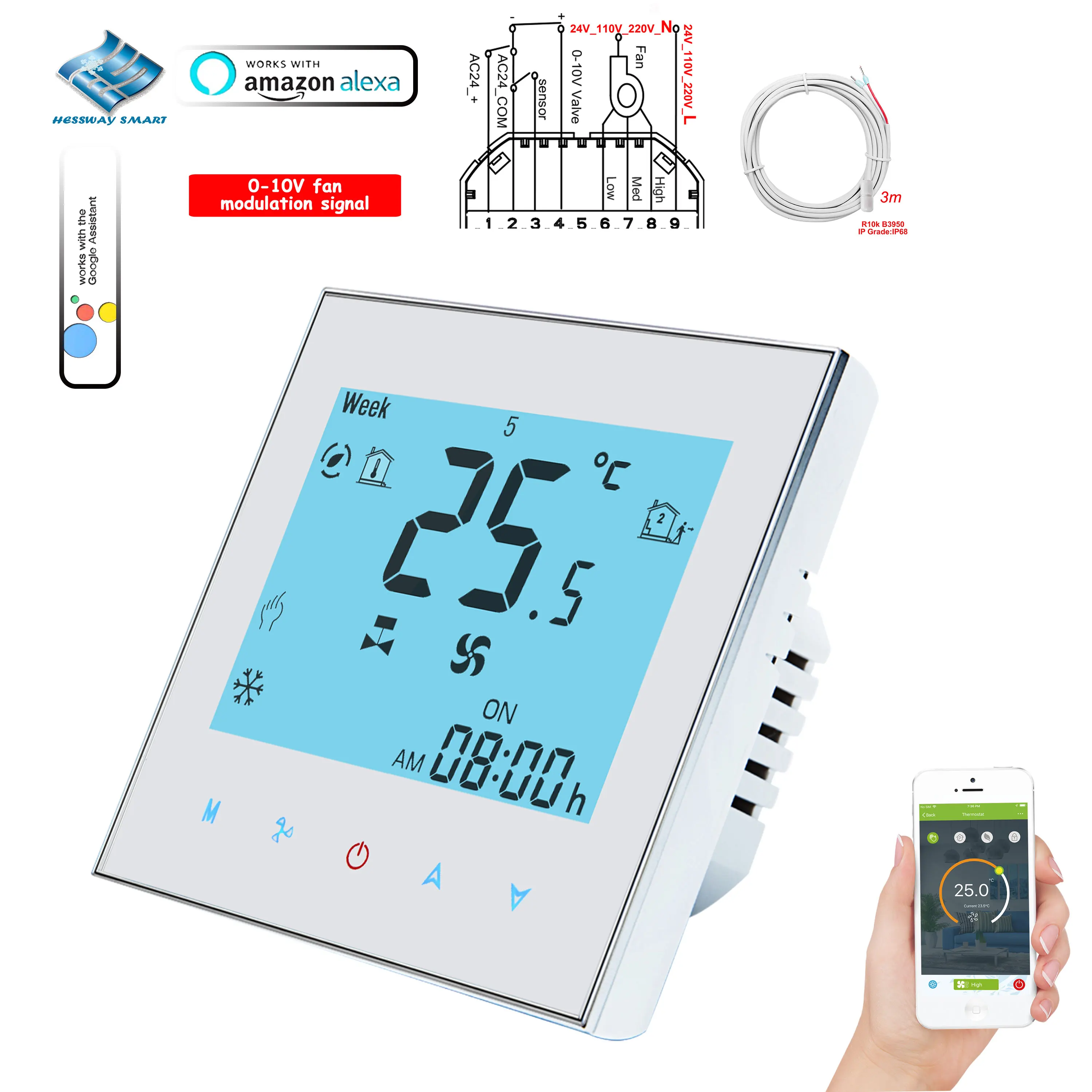 듀얼 센서 2 파이프용 스마트 온도조절기, EU 와이파이 RS485, 0-10V 변조 밸브, 건식 접촉 선풍기 코일 릴레이 입력, 220V, 110V, 24V, 12V