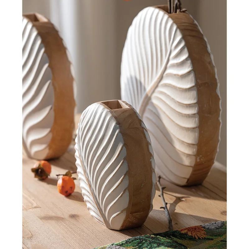 Zen Shell Shape Wooden Vase, White Carved, Modern Tabletop Decor, Handcrafted Pine, Minimalist Accent, Nature Inspired