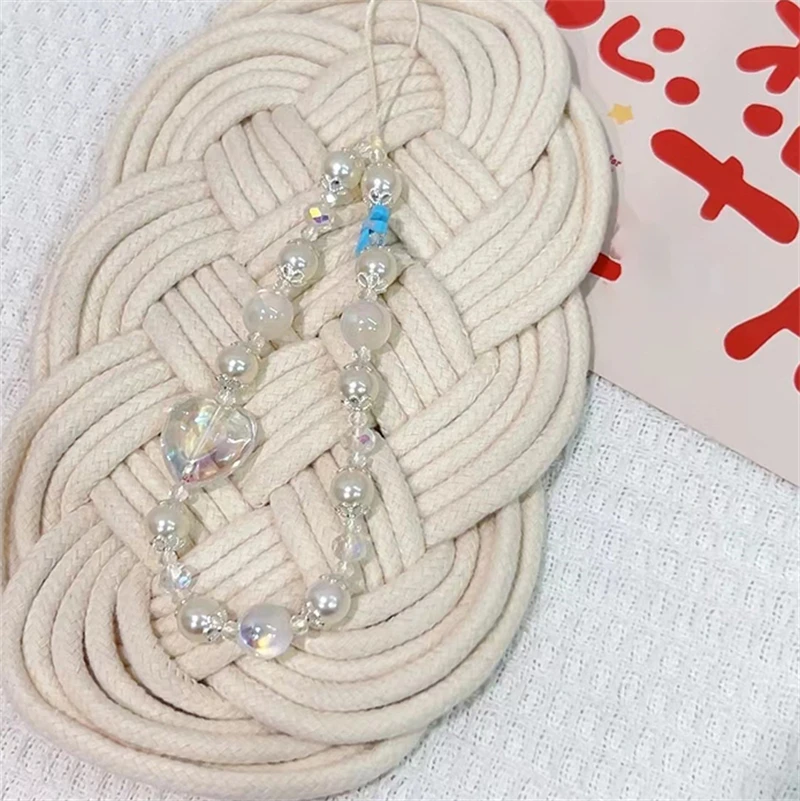 Korea Cute Clear Heart Blue Bow Beaded Phone Chain Charm Lanyard For iPhone Samsung Huawei Universal Accessories Jewelry Pendant