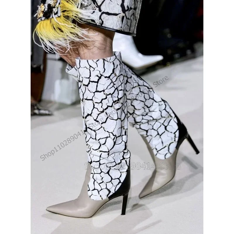 Ink Wash Painting Print Gray Pointed Toe Boots Slip On Women Shoes Thin High Heels Novel Dating Party 2026 Zapatos Para Mujere