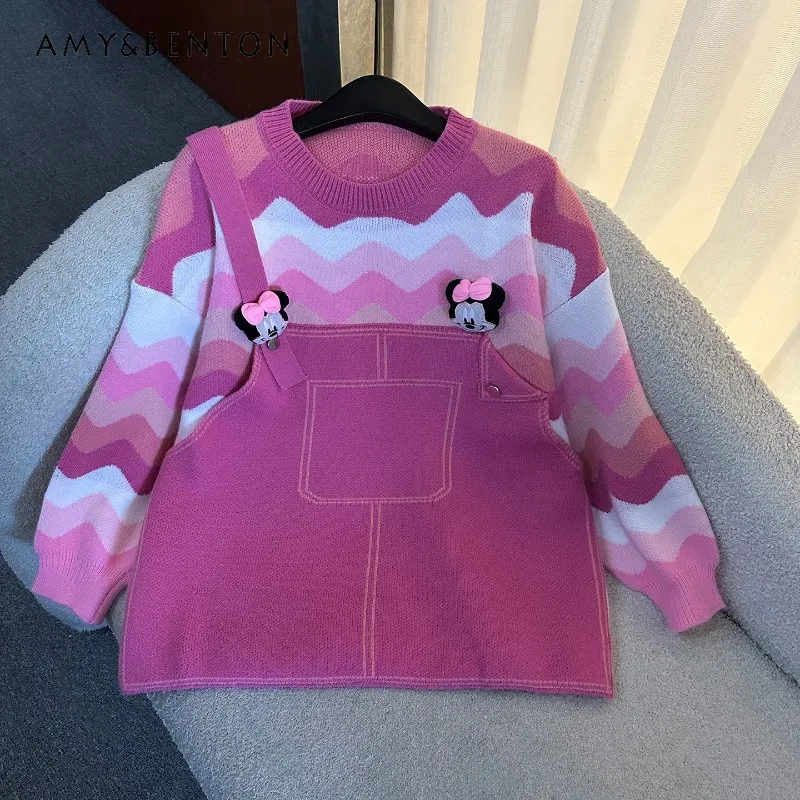 

Осень 2022, новый искусственный двухсекционный вязаный свитер с круглым вырезом на бретельках, женский свободный повседневный молодежный милый пуловер Y2k, топ, трикотажное пальто