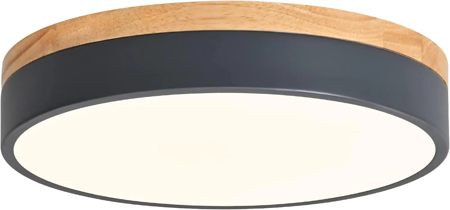 Dimmable Wood Led Flush Mount Ceiling Light, 5Cct 2700K-6000K Modern Round Close To Ceiling Lighting Fixtures, Minimalist Grey