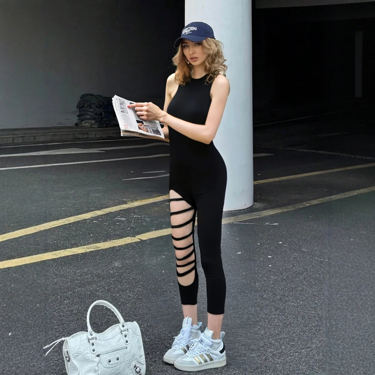 

Jumpsuits Spring Summer Fashion Fitting Slim Hollow Out Plain Sleeveless Crew Neck Ankle Jumpsuits For Women