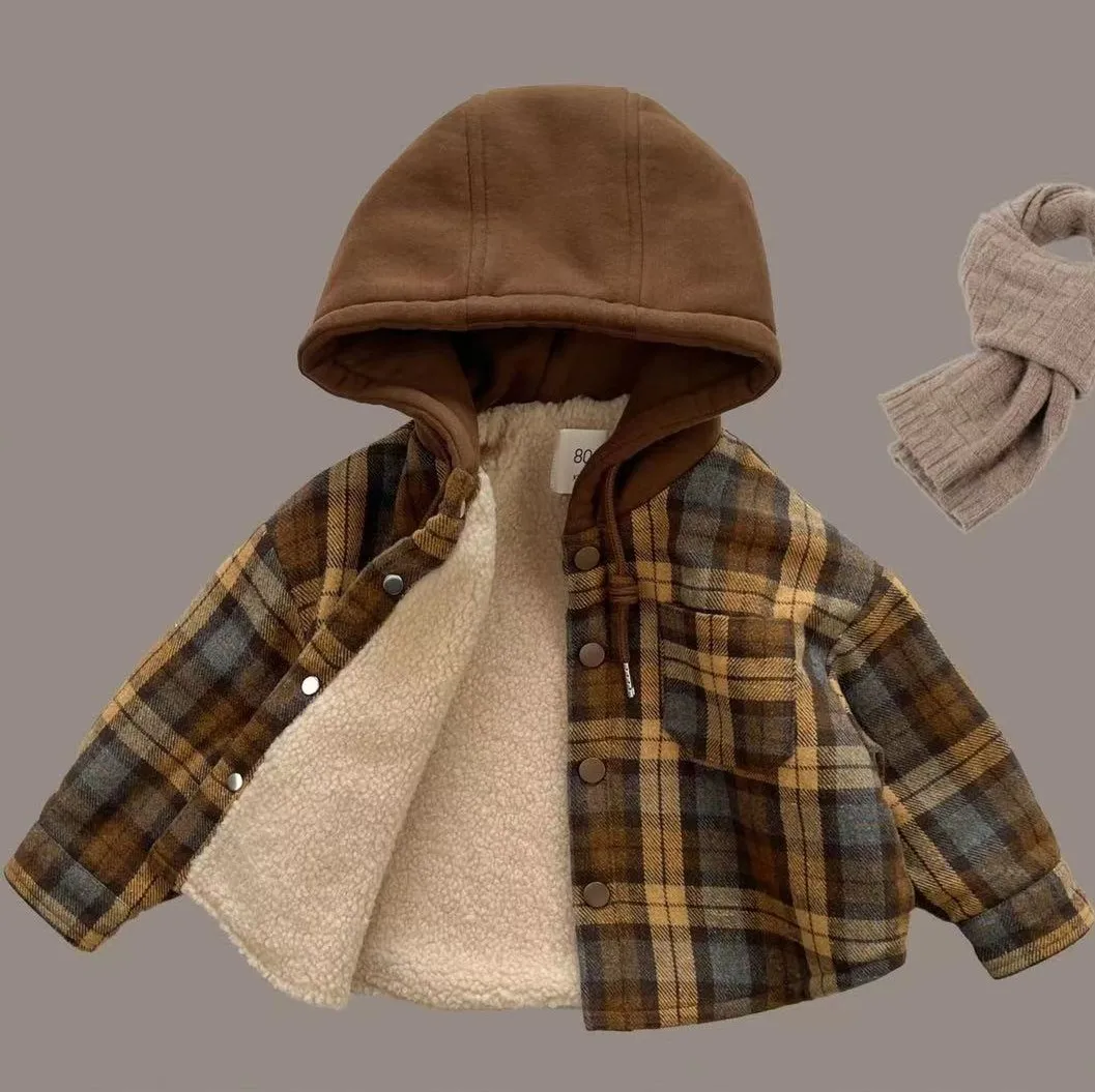 

New Boy Jackets Plaid Fleece Thickness Kids Coats Fashion Children Outerwear Winter Autumn 2023-A0117