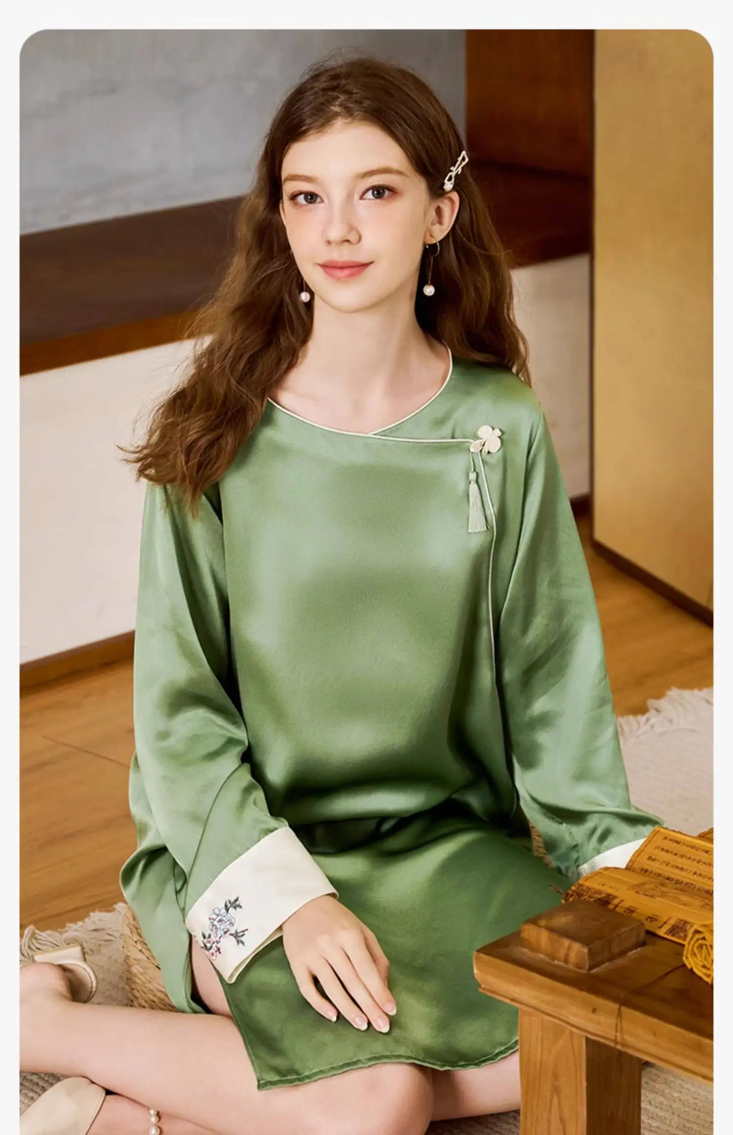 

6A Grade 100% Mulberry Silk Long Sleeve Sleep Dress Women's Chinese Style Embroidered Satin Pajamas Nightgown Summer Loungewear