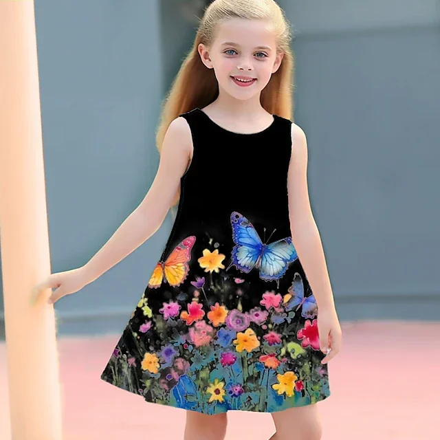 Girls' 3D Graphic Floral Butterfly Dress Sleeveless 3D Print Summer Spring Sports Outdoor Daily Holiday Cute Casual Sweet Kids