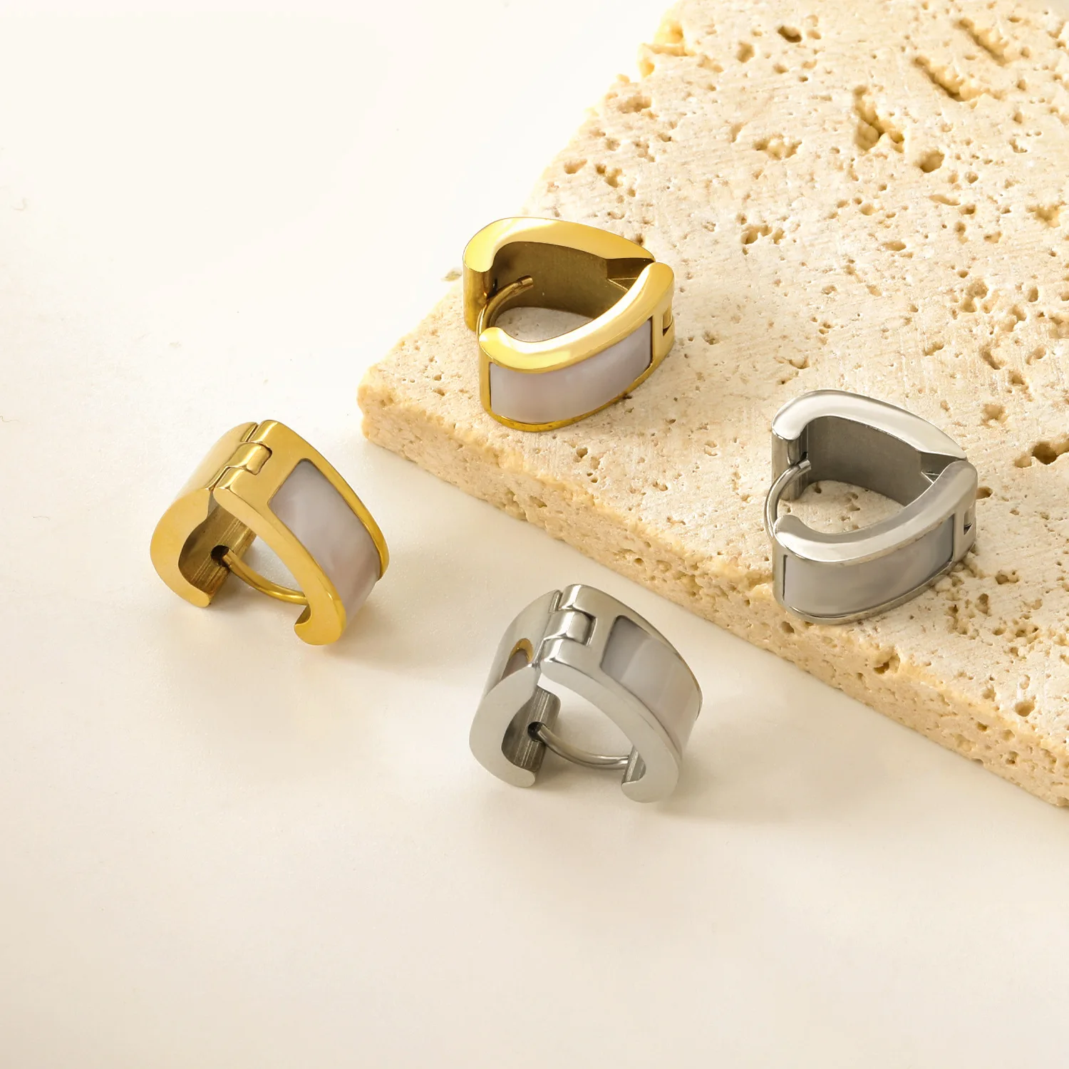 Curved Half Bezel White Mother of Pearl Mini Huggie Earrings 316 Stainless Steel Gold & Silver Two-Tone Minimal Geometric Shell
