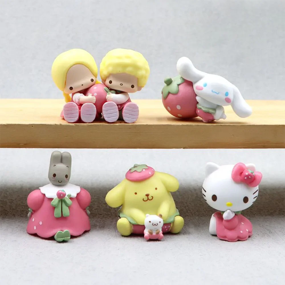 Cartoon Model Anime Figure Sanrio Strawberry Kawaii Toy Hello Kitty Cinnamoroll Melody Pom Pom Purin Decoration Children Gifts