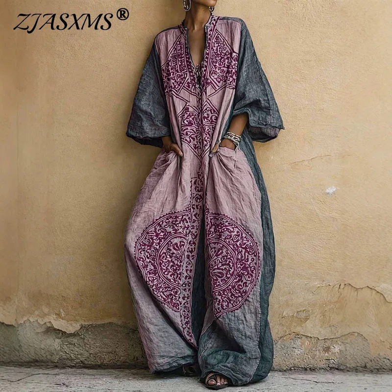 New Retro Geometric Print Jumpsuit Womens V Neck Batwing Sleeve Oversized Wide Leg Loose Romper Bohemian Holiday Casual Overalls