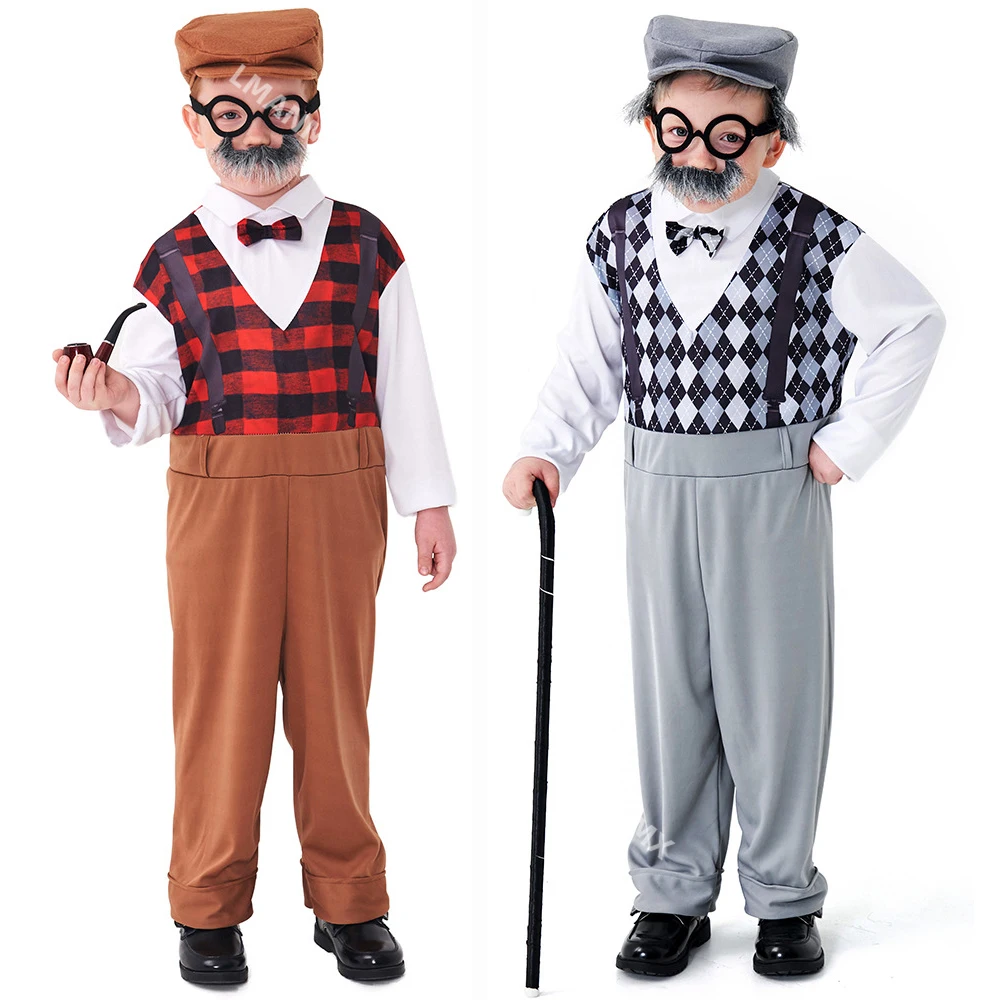 Old Timer Child Old Man Grandpa Costume Kit for Boys Kids Child Long Sleeve 2-4T 4-6Y 6-8Y 8-10Y