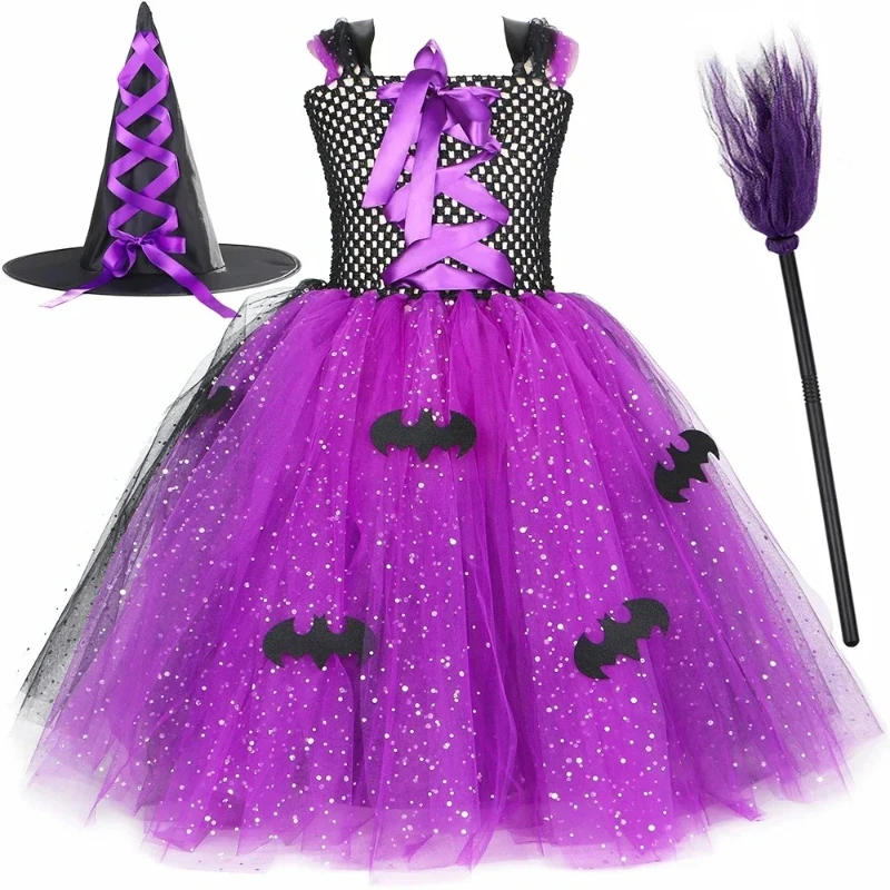 Sparkly Black Purple Sorceress Tutu Dress with Bat Decorations, Gothic Halloween Costume for Carnival Masquerades and Cosplay
