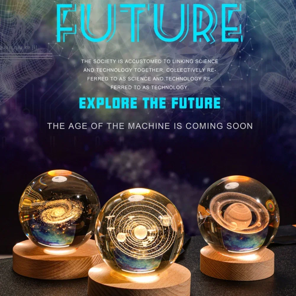 Bola de cristal 3D luz noturna brilhante galáxia planetária lâmpada de cabeceira iluminação decorativa para casa presente de Natal