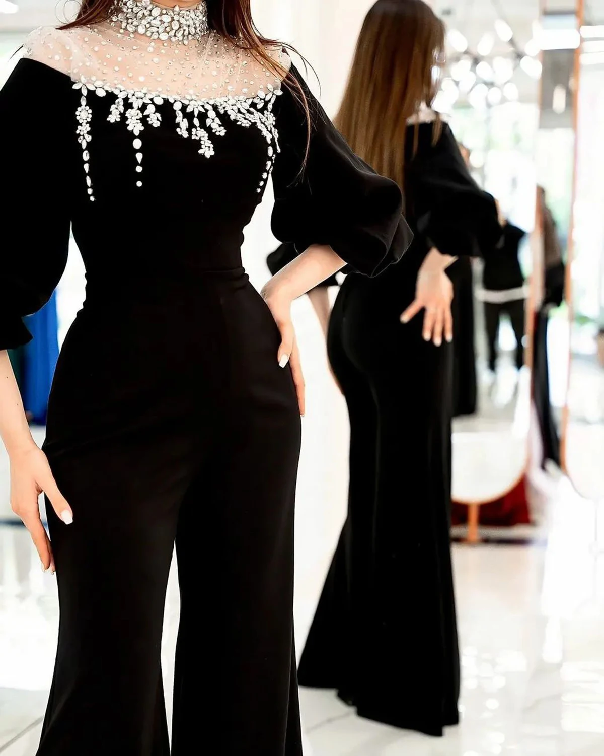 Luxury Women Pants Suits One Piece Crystal Beaded High Collar Jumpsuits Customized Special Occasion Suits Evenings Party Outfit