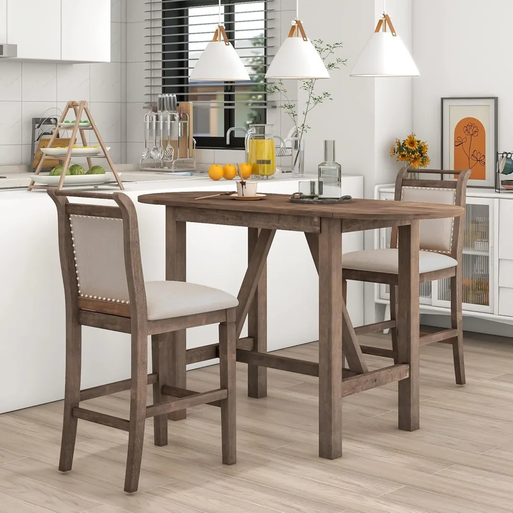 Conjunto de jantar de cozinha de 3 peças com altura de balcão Harper & Bright Designs com mesa de jantar de folha abaixada e 2 cadeiras acolchoadas de jantar,