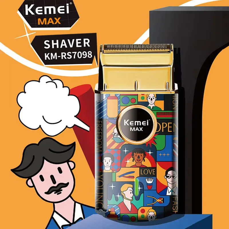 Kemei-Mini Afeitadora eléctrica portátil para hombres, máquina de afeitar con Graffiti aleatorio, recortadora de barba, afeitadora de pelo, KM-RS7098