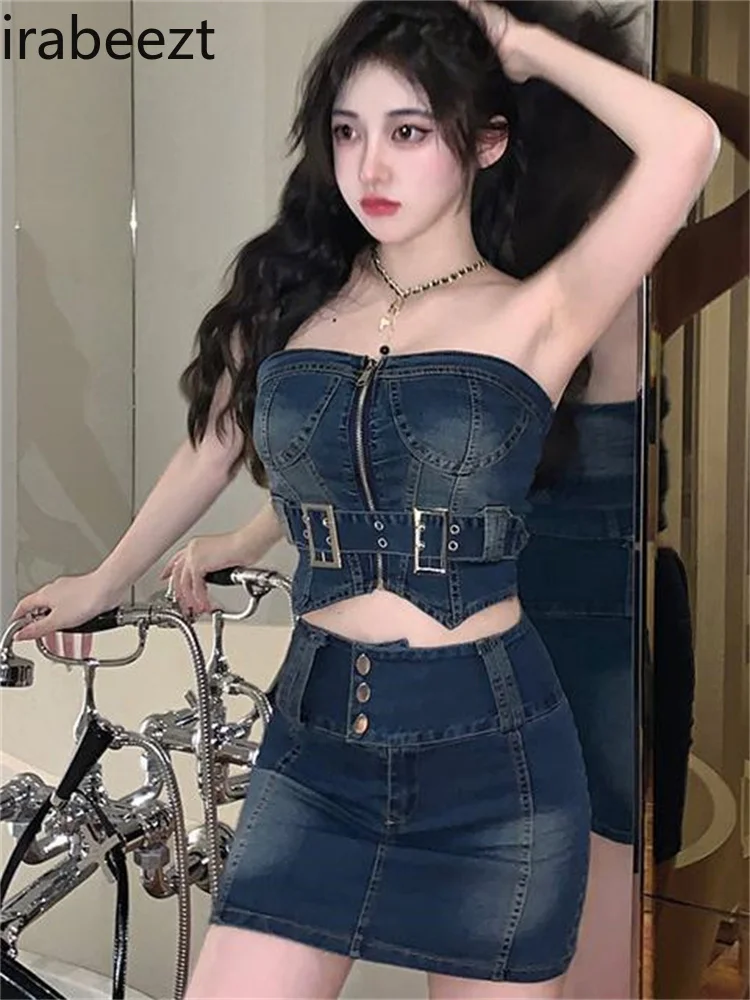 Irabeezt Hot Girl Denim Short Skirt Suits Women 2022 New Summer Korean Belt Bandeau Top ＋ High Waist Hip Skirt Two-piece Trend