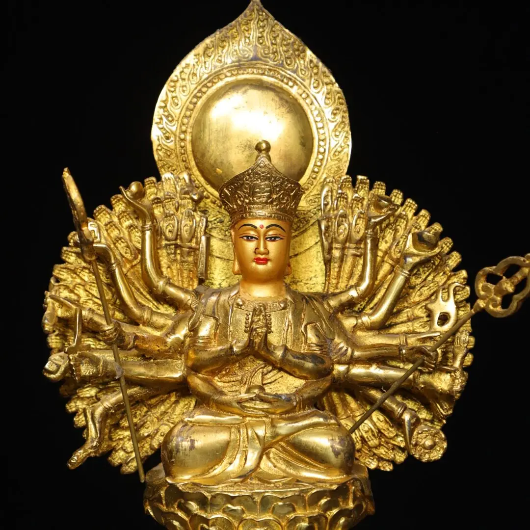 Tibetan Cundi Bodhisattva Thousand Arms Avalokiteshvara Statue Pure Copper Gold Plated Home Altar Figurine