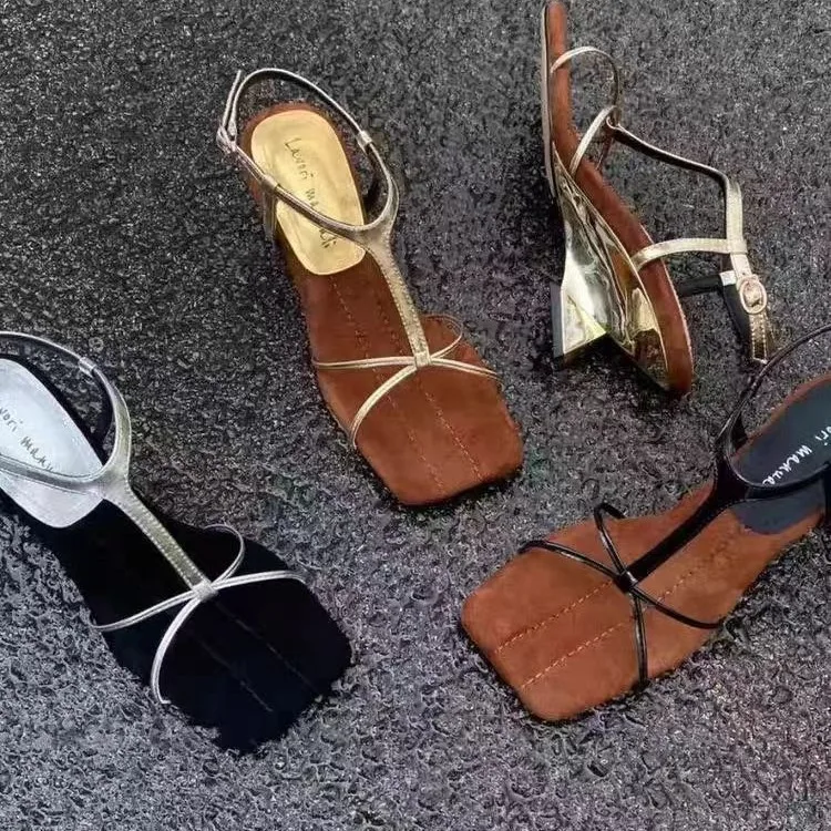 Beige Heeled Sandals Buckle Strap Retro Woman Shoes Black Sexy Open Pointed Original Comfort Low Rhinestone Stiletto Closed Cat