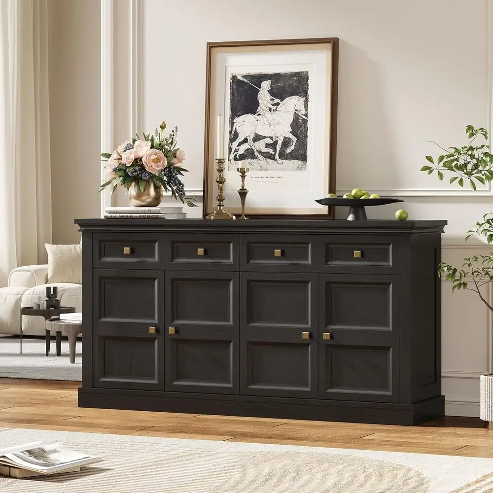 خزانة جانبية كبيرة للتخزين باللون الأسود مع أدراج، وخزانة قهوة للمطبخ لغرفة المعيشة والمدخل