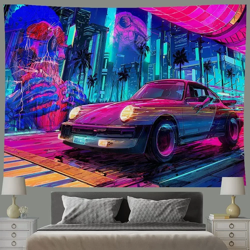 Retro 80s Science Fiction Super Sports Car Forest Road Fantasy Punk Cityspace Astronaut Futuristic Skyscraper Tapestry