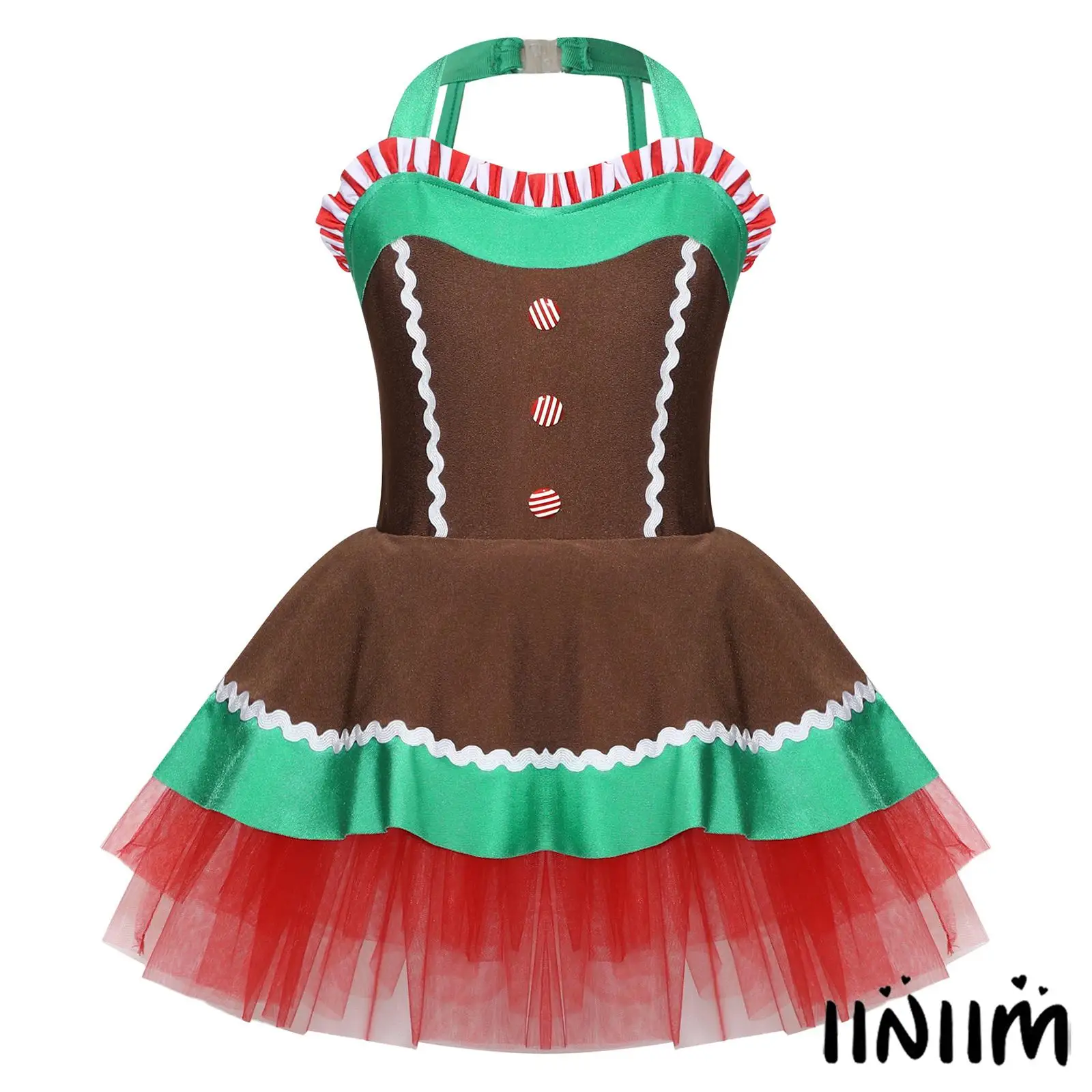 

Kids Girls Christmas Gingerbread Cosplay Costume Halter Neck Tutu Dress Leotard Xmas Holiday Festival Party Cosplay Fancy Dress
