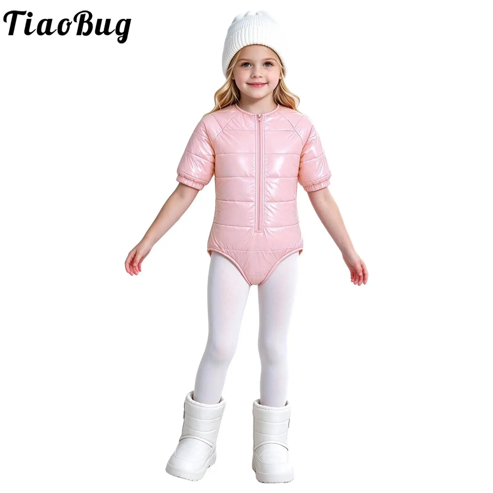 Children Waterproof Quilted Padded Bodysuit Zipper Front Short Sleeve Diaper Cover Adaptive Leotard for Outdoor Skiing Skating