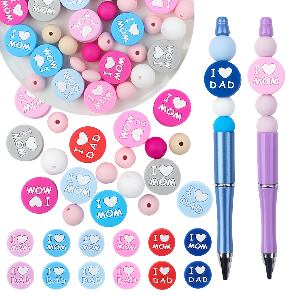 5/10/20pcs Silicone Beads I LOVE Mom Dad Beads for Making Jewelry DIY Beaded Pen Keychain Bracelet Necklace DIY Accessories Cute