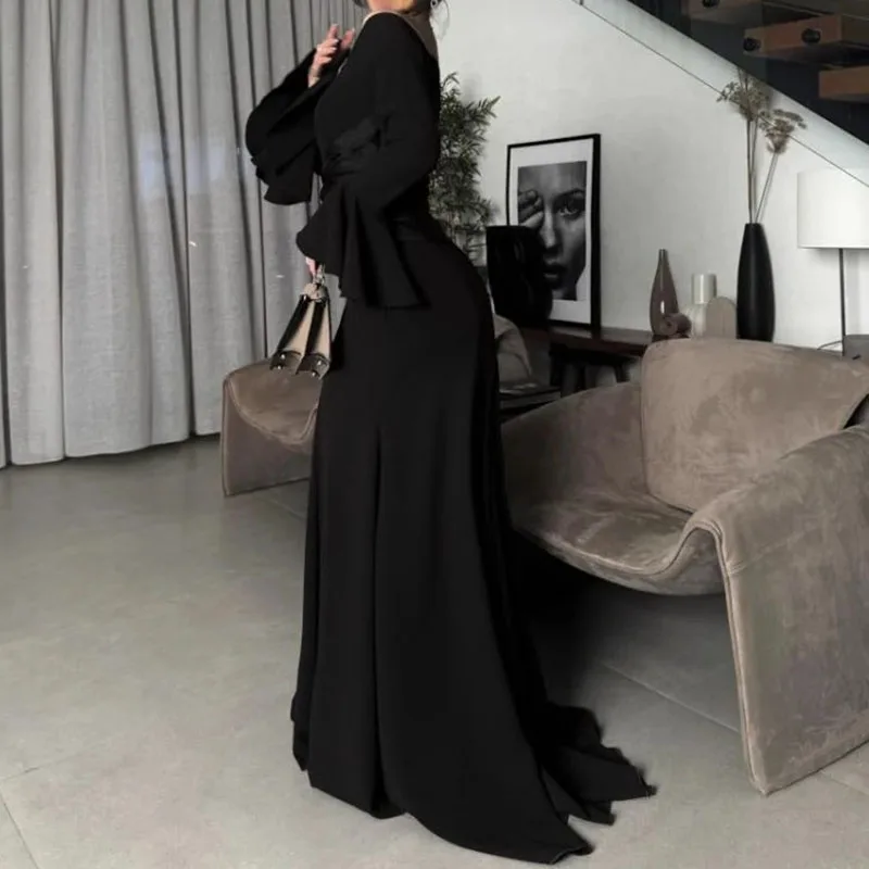 عارضة المرقعة سليم الصلبة مساء اللباس سيدة أنيقة قبالة الكتف عالية الخصر اللباس الخريف متوهج كم مزاجه فستان طويل