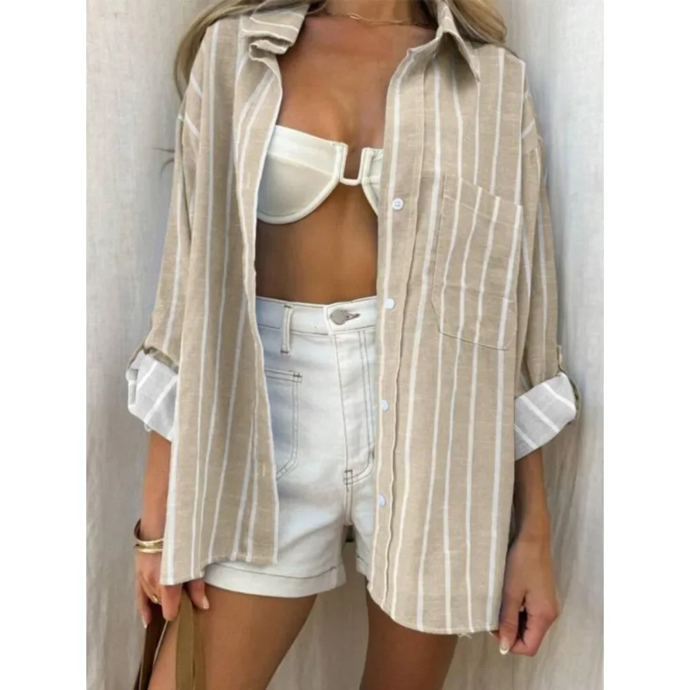 

Plus Size 1XL-5XL New Spring Autumn Women's Striped Shirts Blouse Women Casual Long Sleeved Lapel Tops Shirt