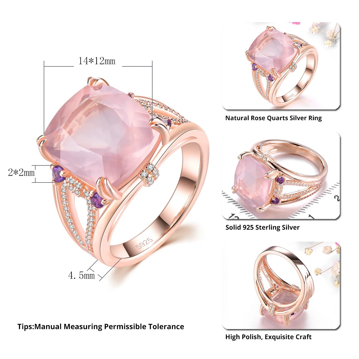 Natural Rose Quarts Sterling Silver Women's Ring 9.5 Carats Light Pink Gemstone Rose Gold Plated Romantic Gorgerous Fine Jewelry