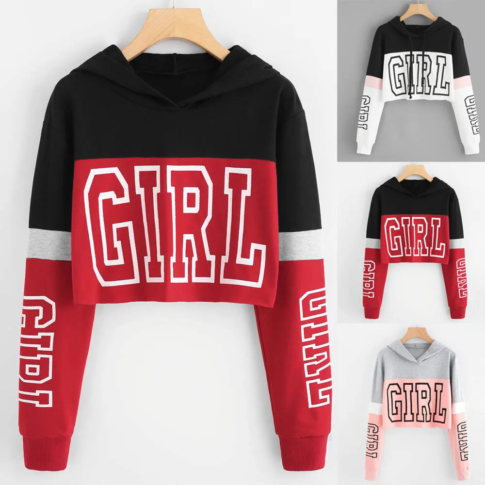 

2024 Women Letters Printing Hoodie Crop Top Long Sleeve Hoodie Sweatshirt Hooded Pullover Harajuku Blouse Teen Girls Sudaderas