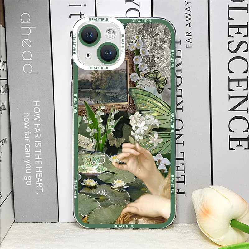 Green Retro Flower Stickers Phone Case for IPhone 16 11 12 13 Pro Max Mini 7 8 16 Plus SE20 X XS XR Soft TPU Clear Covers Fundas