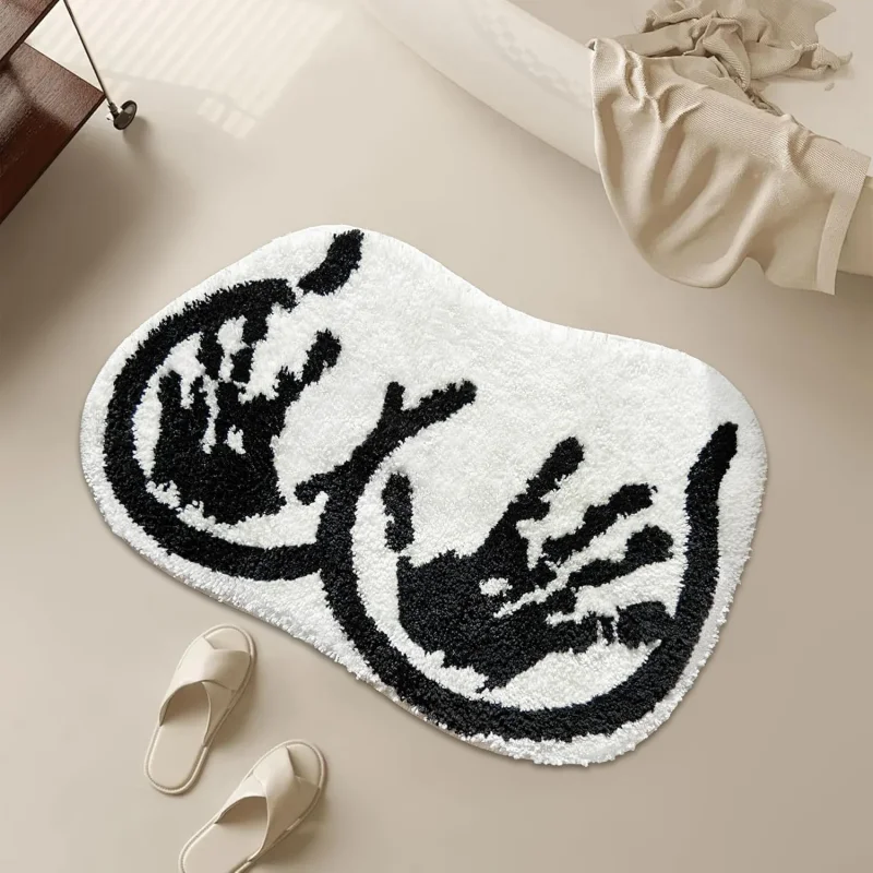VIKAMA Black White Holding Hands Heart Fluffy Bath Mat Non Slip Water Absorbent Rug Bathroom Bedroom Aesthetic Home Decor