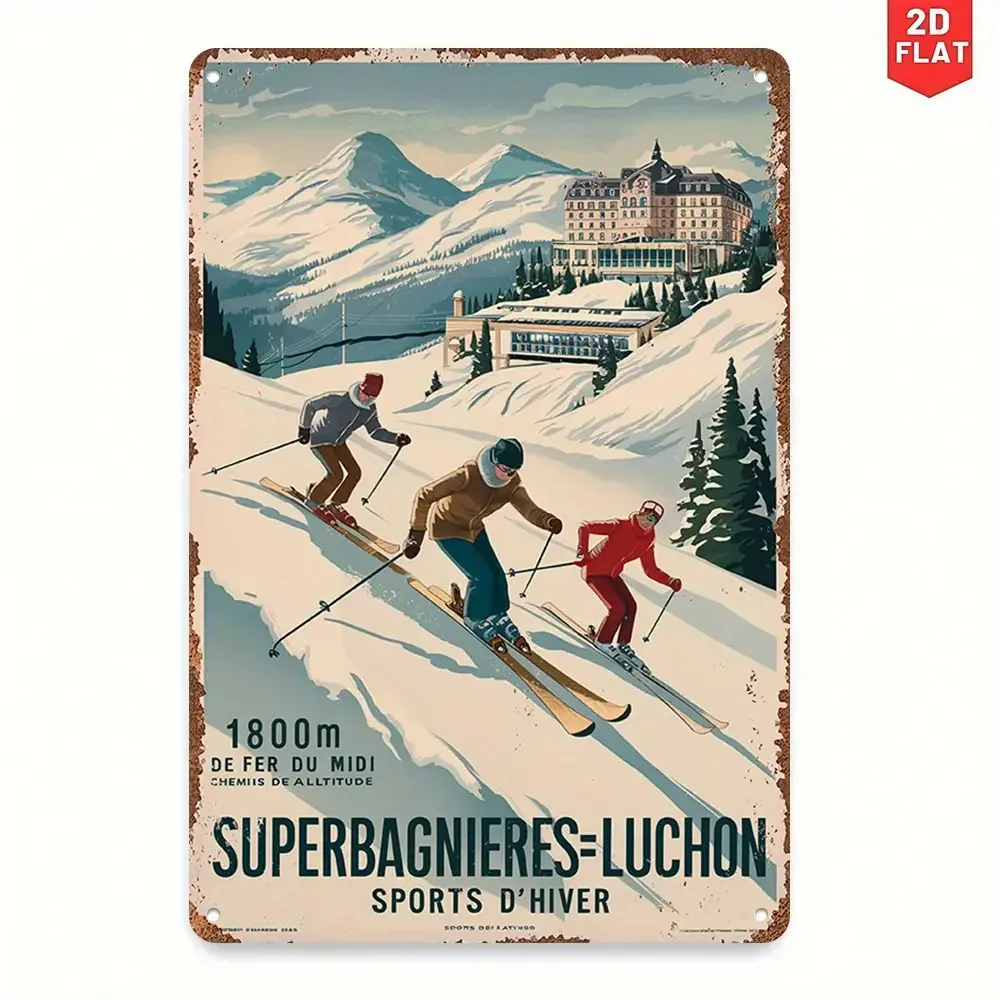 2D Flat - Vintage Tin Wall Art Featuring a Retro Skiing Scene with a Chateau at an Elevation of 1800 Meters in Superbagnères-L