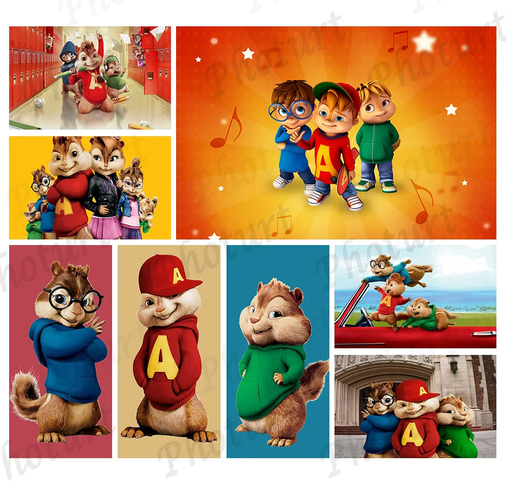 Disney Alvin and Chipmunks Simon Theodore Backdrop for Kids Birthday Photo Background Polyester Vinyl Decorate Studio Props